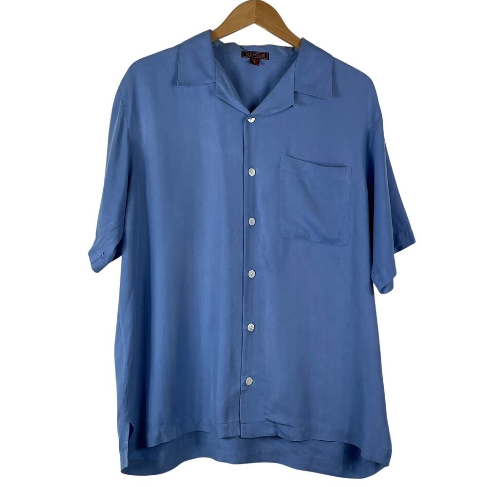 Vintage Red House Men's Blue 100% Silk Button Down Shirt Short Sleeves Size L